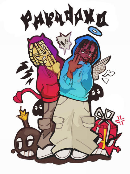 dois personagens de corpo inteiro + cenário simples