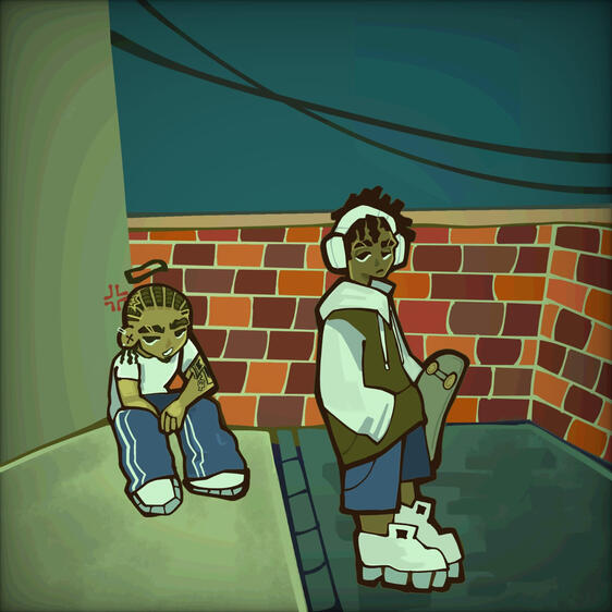 dois personagens de corpo inteiro + cenário complexo